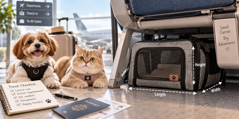 Dog and cat at an airport beside an under-seat pet carrier with length, width and height markers