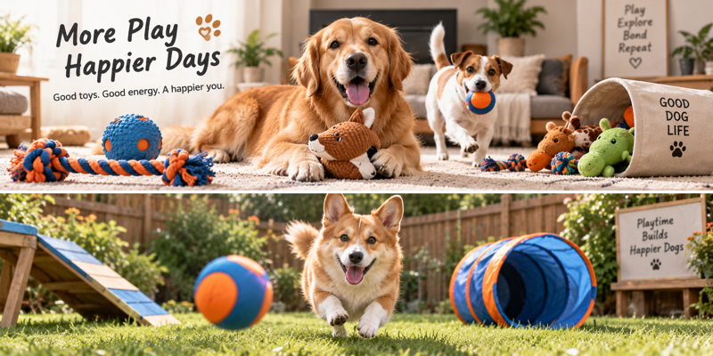 Golden retriever and small dogs playing with balls, rope and plush toys indoors and outdoors