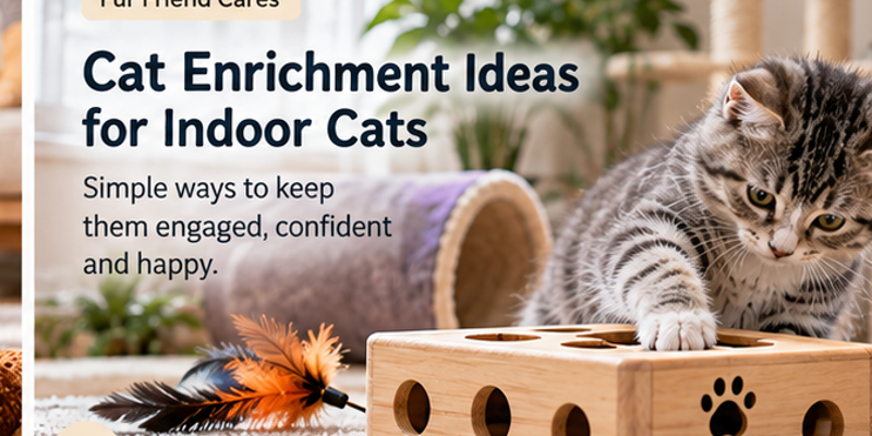 Indoor cat exploring enrichment toys and puzzle activities in a cozy home