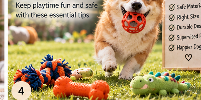 Dog with appropriately sized toys illustrating safer toy selection