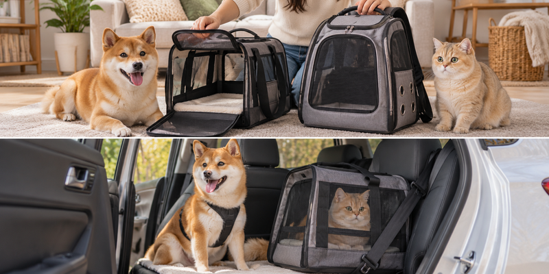 Dog and cat with soft-sided pet carriers at home and secured for car travel