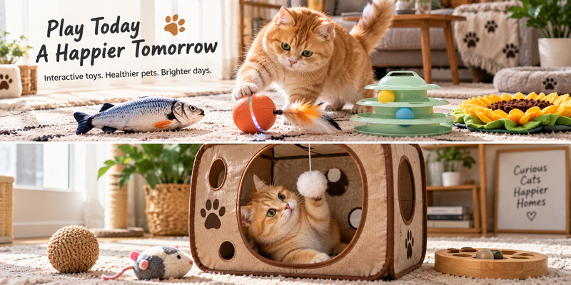 Golden indoor cat playing with interactive cat toys in a bright living room