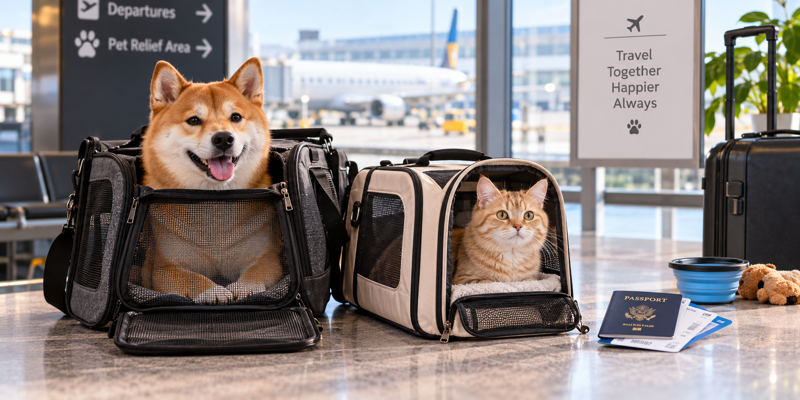 Small dog and large cat resting in roomy soft-sided pet carriers during travel