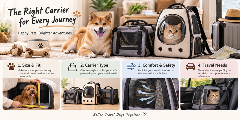 Shiba Inu and cat beside backpack and soft-sided pet carriers with fit and travel tips