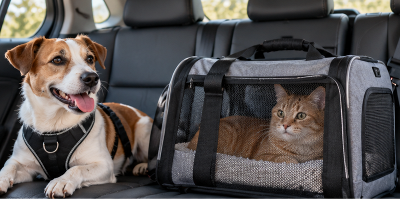 Cat secured in a soft-sided carrier and small dog prepared for a car trip