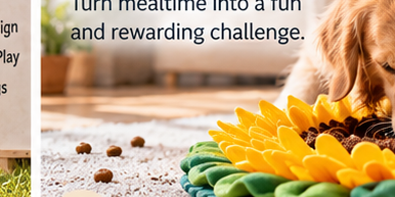 Dog sniffing through a sunflower snuffle mat to find kibble