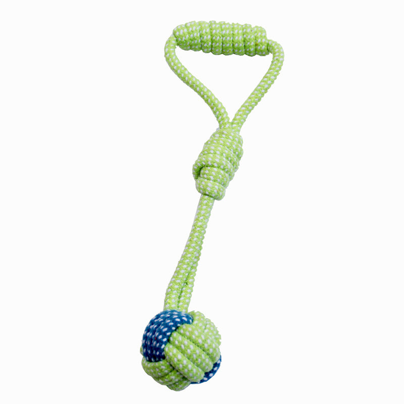 Green and blue braided cotton rope dog tug toy with a loop handle and knot ball