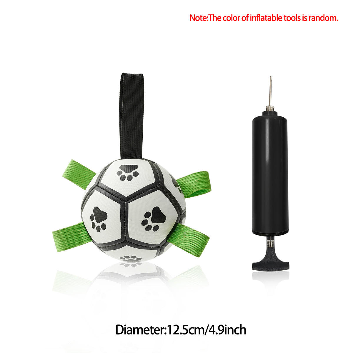 Black and white dog soccer ball shown with the included hand pump