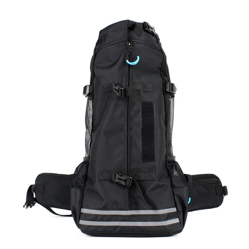 Black front-worn dog carrier backpack with reflective strip