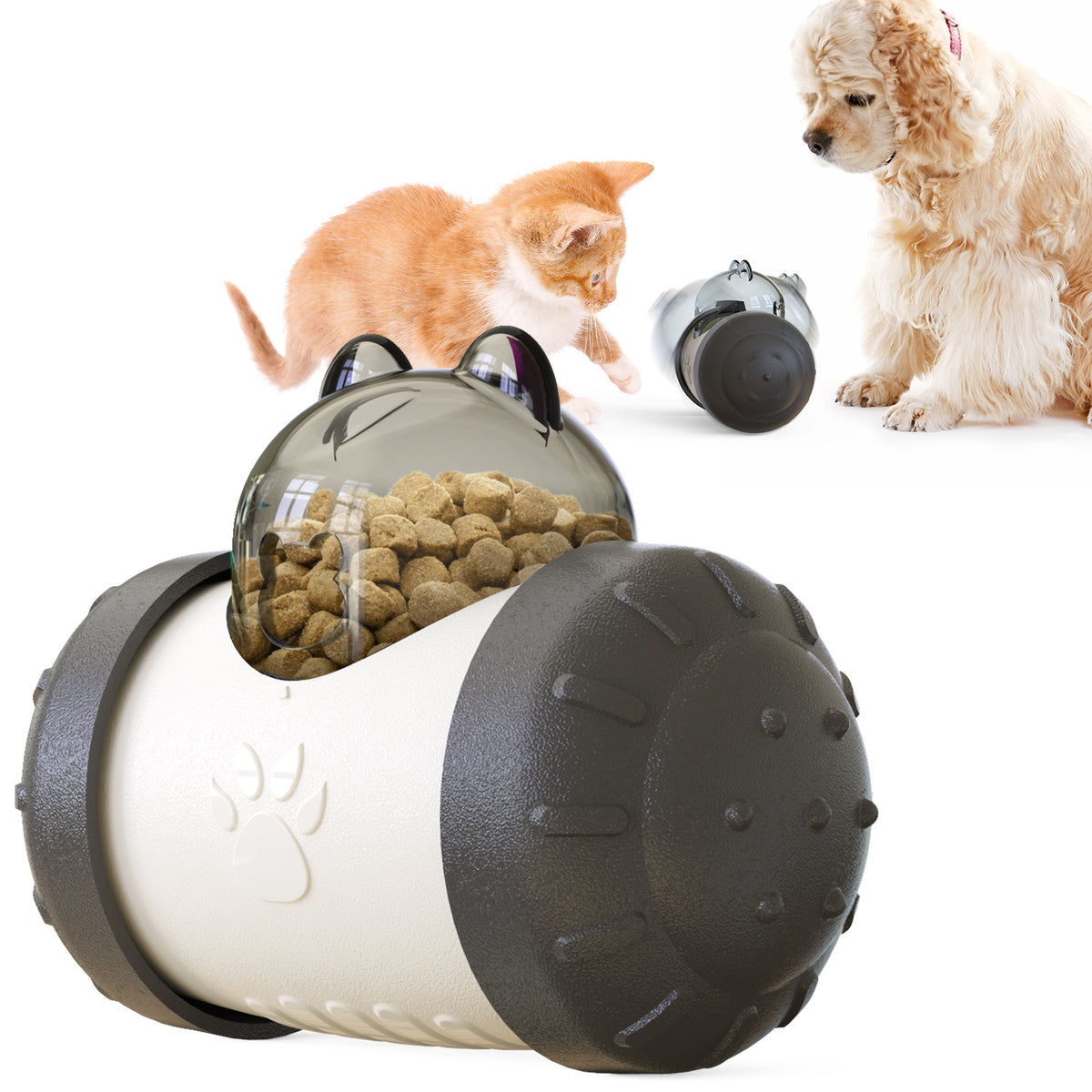 Black treat dispensing ball for dogs with kibble inside