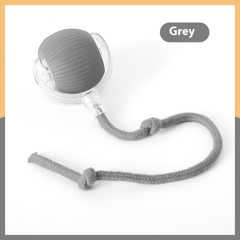 Gray self-rolling cat ball with its knotted rope tail