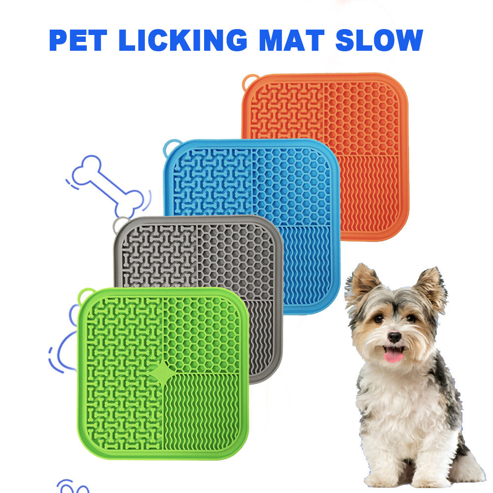 Silicone licking mats for dogs and cats in blue, gray, green and orange