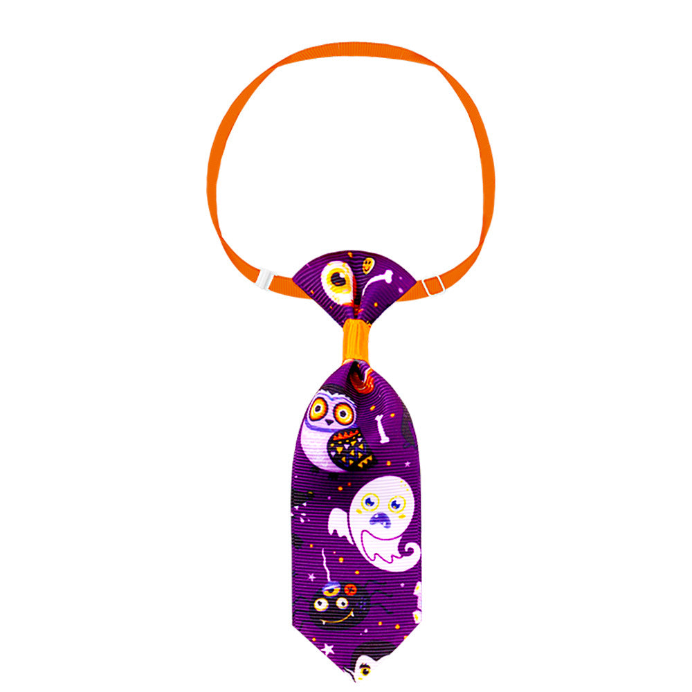 Purple Halloween necktie printed with ghosts, owls and black cats