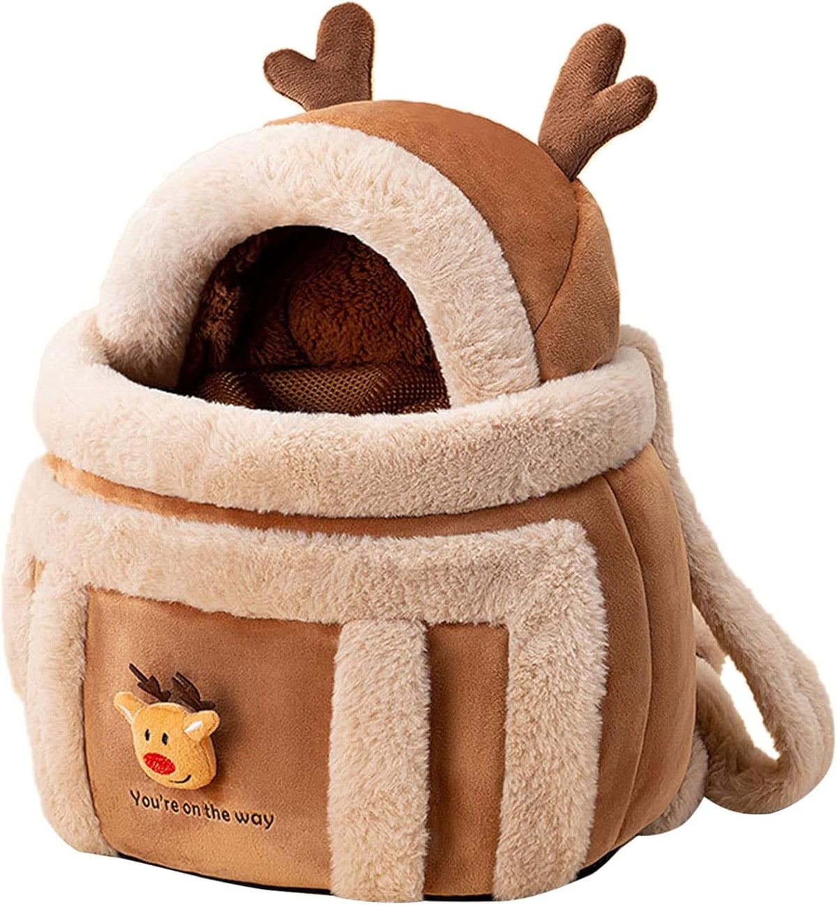 Plush reindeer winter pet carrier backpack in tan and cream, with stitched antlers and a hooded top opening