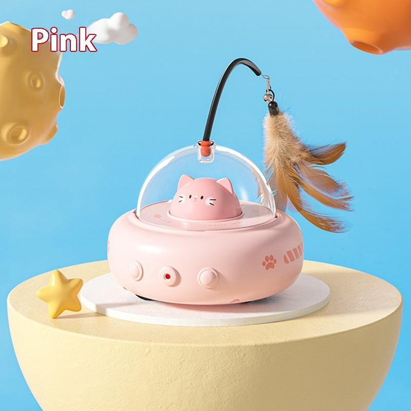 Cherry Blossom Pink UFO cat toy with a clear dome and feather teaser on a round pedestal