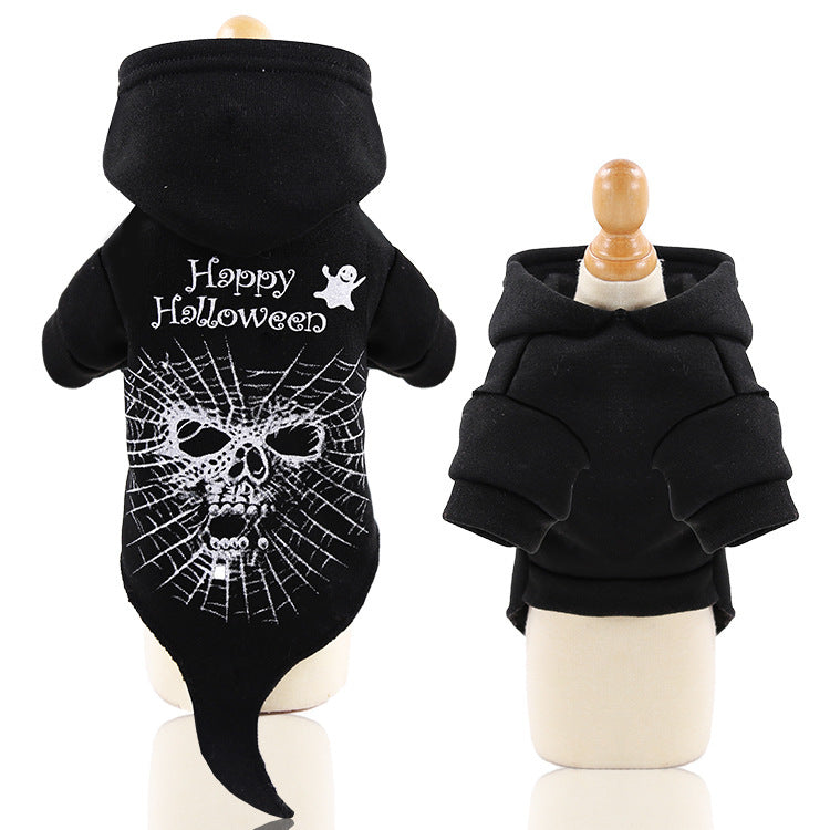 The hoodie on a mannequin, back view with the skull and spider web print beside a plain front view