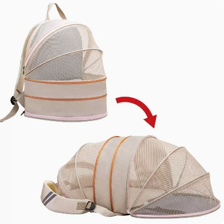 Cream and pink expandable pet backpack carrier shown closed and expanded