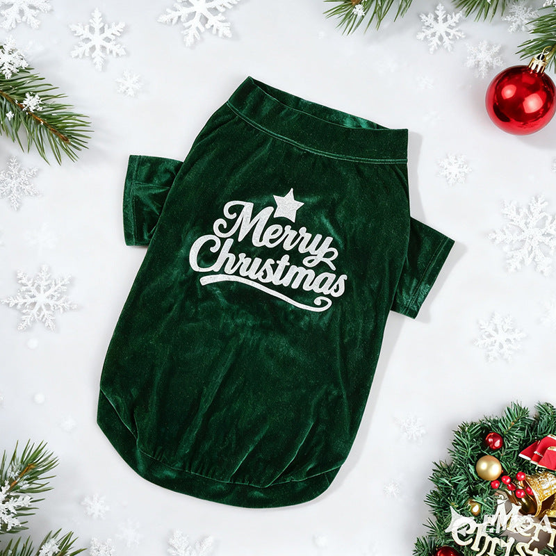 Green velvet dog shirt with a white Merry Christmas print and star