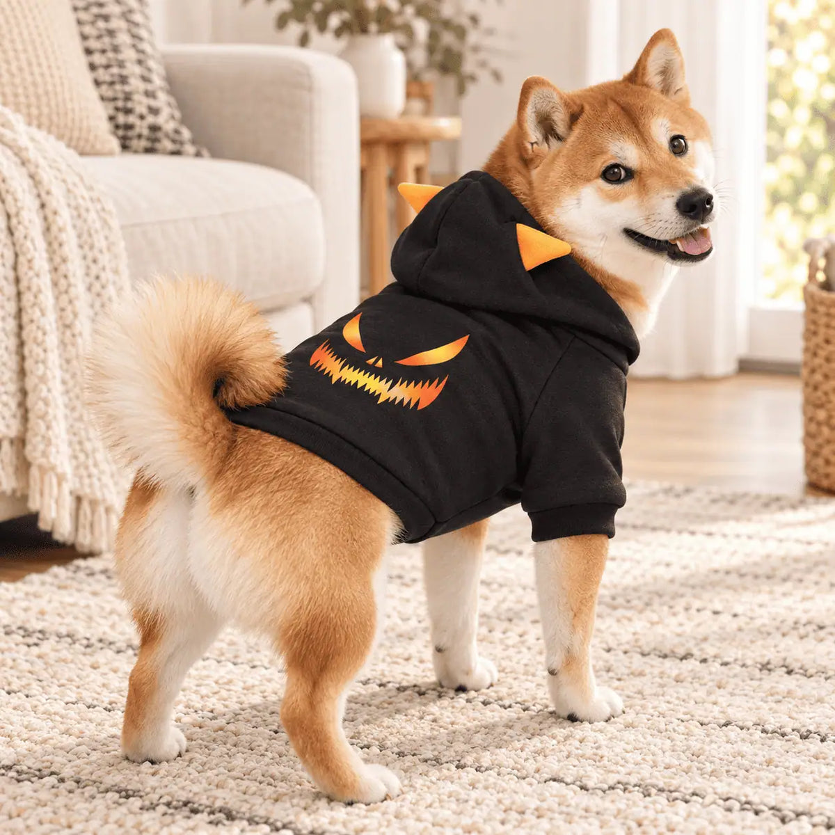 Tan and white dog standing on a rug in the black Halloween hoodie with an orange grinning face on the back
