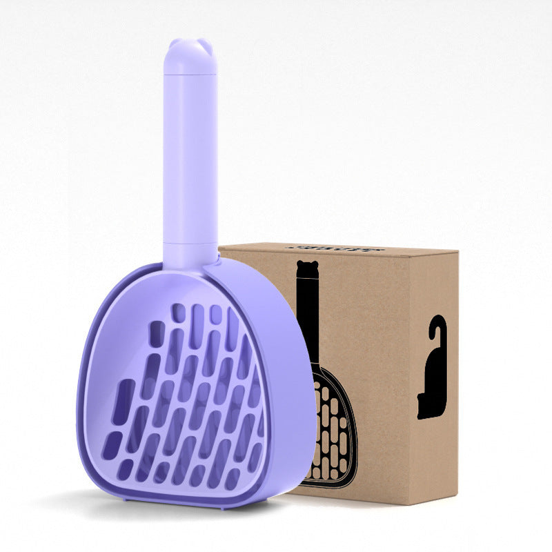 Lavender cat litter scoop with its storage stand
