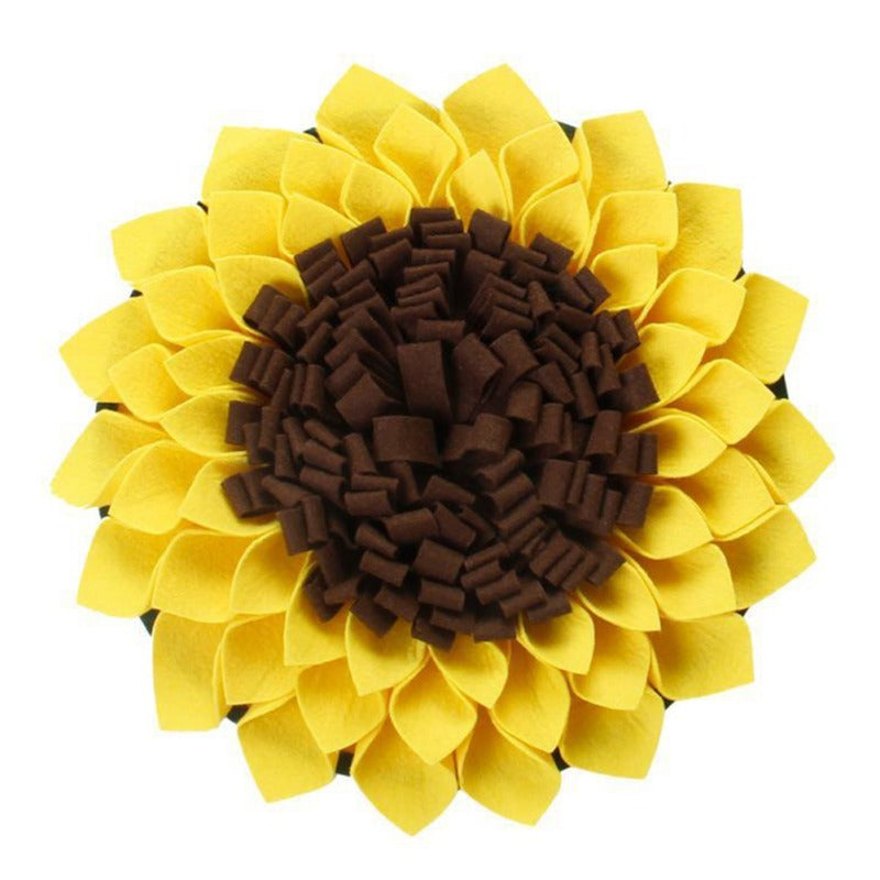 Yellow sunflower snuffle mat with a brown fleece center on a white background