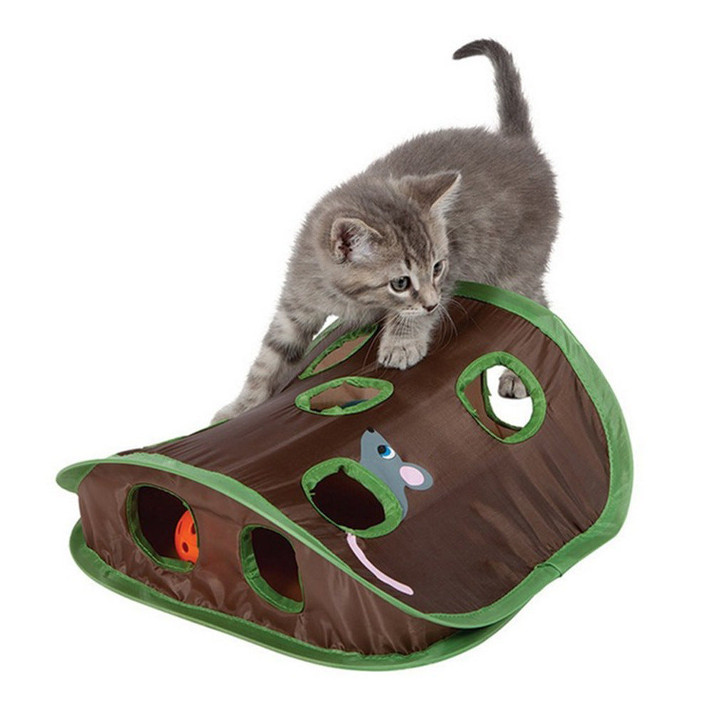 Grey kitten standing on the brown and green cat toy looking into one of the holes