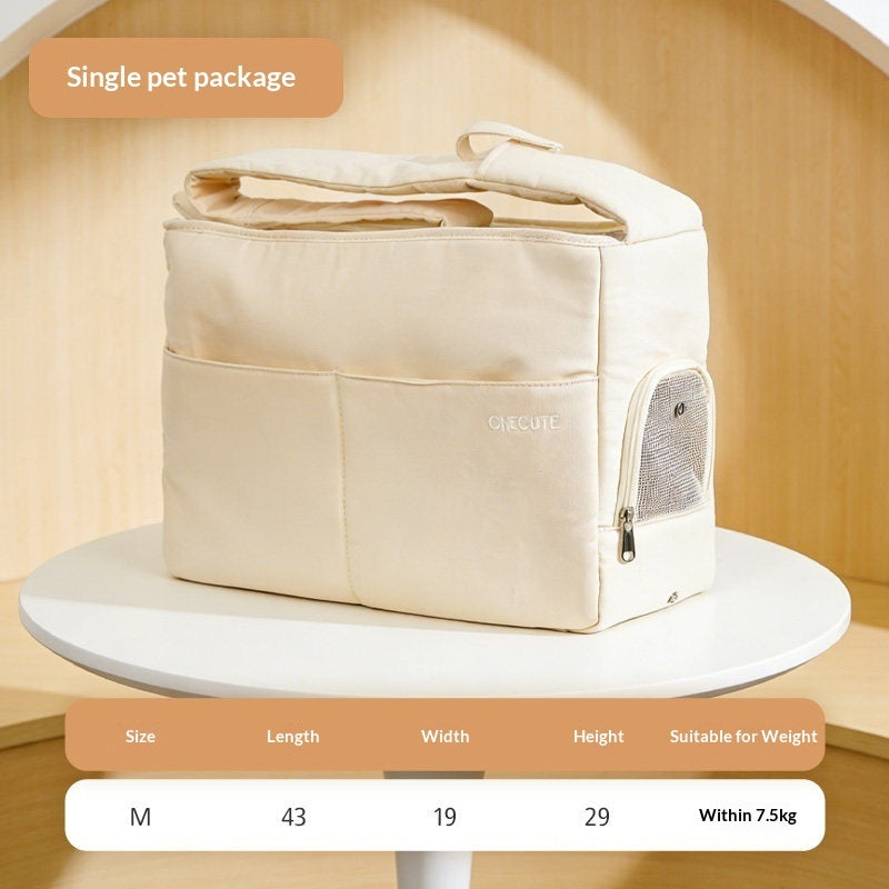 Size chart for the canvas pet carrier tote showing size M for pets up to 7.5 kg, beside the bag and its zippered mesh side window